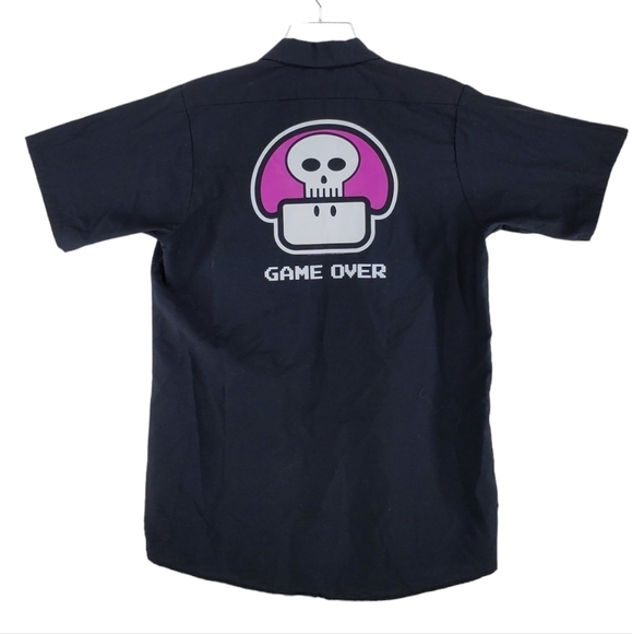VTG Nintendo Work Shirt Mens M GAME OVER 2003 Black Button Up Short Sleeves RARE - Picture 1 of 11
